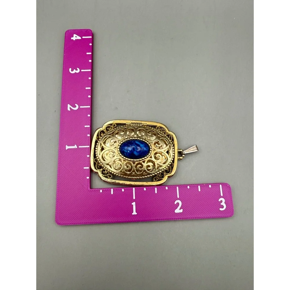 Avon Locket Pendant Blue Faux Lapis Cabochon Gold Tone Filigree Scroll Rectangle